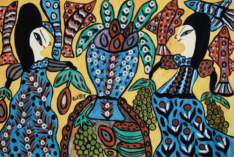 Baya Mahieddine, Deux femmes avec vase fond jaune  1997